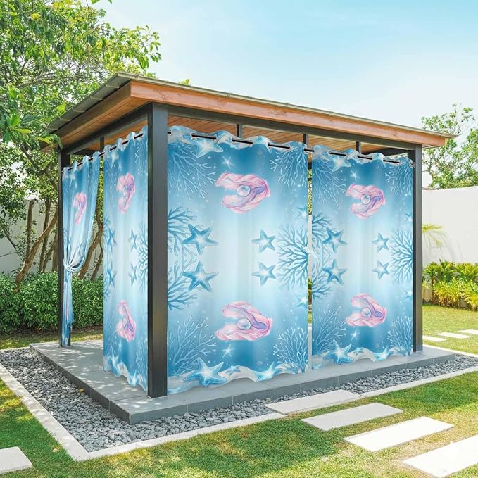 Ocean Shell Outdoor Curtains for Patio Corals Starfish Summer Marine Waterproof by Unknown