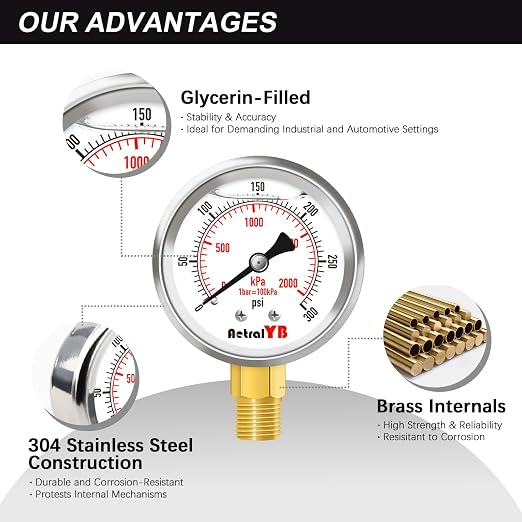 0-300 PSI Heavy-Duty Pressure Gauge, Glycerin-Filled, Stainless Steel, 1/4" NPT - Image 3