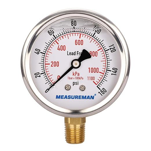 MEASUREMAN Lead-Free Pressure Gauge, 2-1/2inch Dial, Glycerin Filled, by MEASUREMAN