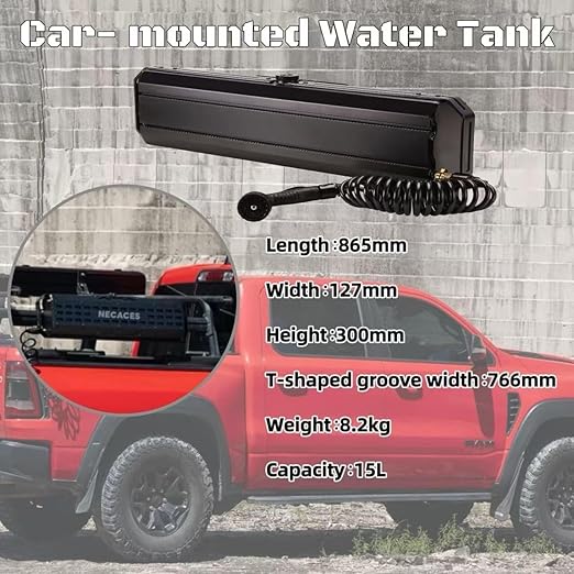 4.5Gallon Pressurized Water Tank,Portable Aluminum Camping Shower Water Storage with Spray Hose for Outdoor Activities Water Supply.Side Mounted on The Gantry of a Pickup Truck.