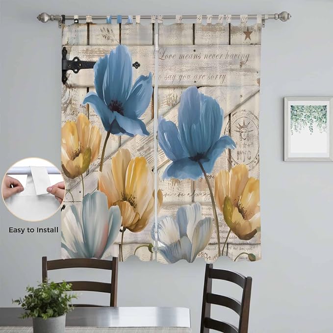 Blue Yellow Tulips Living Room Curtains 84 Inch Length, Window Curtains Tab Top - Image 4