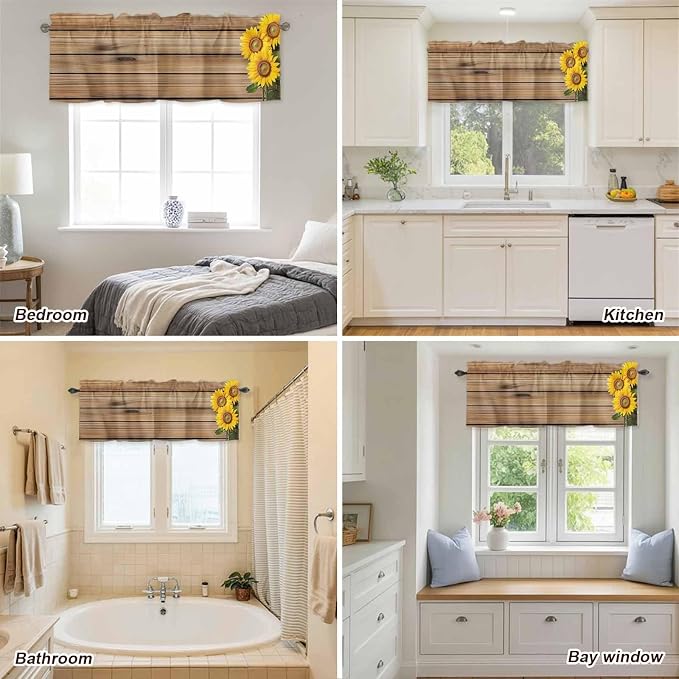Kitchen Valances for Window, Farm Sunflower on Vintage Wood Grain Light - Image 9
