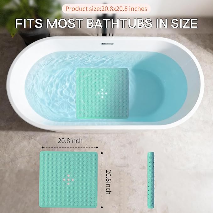 Anti-Slip Bathtub Shower mat, 20.8×20.8（Approximately 53×53cm） inch Soft Oversized Machine Washable Non-Slip Bathtub mat with Drainage Holes, Bathroom Floor Suction Cup.（1-Opaque Mars Green）