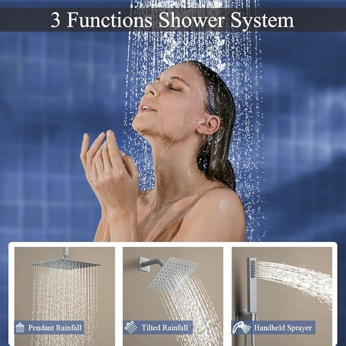 Shower Faucet Set Brushed Nickel Shower System, Knob Switch Diverter Shower Faucet with High Pressure Handheld Spray, Ceiling Mount 12 Inch Shower Head with 6 Inch Wall Mount Shower Head
