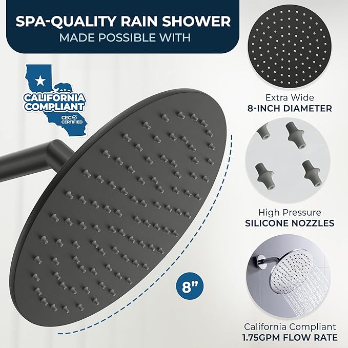 HammerHead Showers® Solid Metal 8 Inch Rainfall Shower Head – MATTE BLACK - Shower Head Rainfall - 1.75 GPM High Flow Shower Head Optimized for Pressure – Large Round Rain Shower Heads