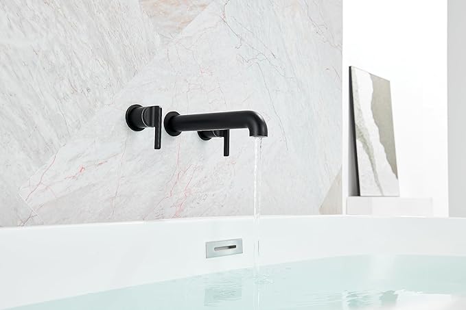 SITGES Solid Brass Wall Mount Tub Filler, 10" Long Spout Reach Wall Mount Bathtub Faucet with Two Lever Handles, High-End Design, High Flow Bathtub Faucet Set with Rough-in Valve included, Matte Black