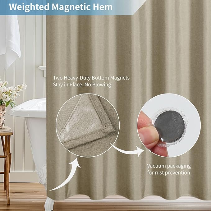 2-in-1 Waterproof Fabric Shower Curtain or Liner,Linen Textured,Breathable TPU & Washable Bathroom Shower Curtain Set with 12 Plastic Hooks,Modern,72"x72" Khaki