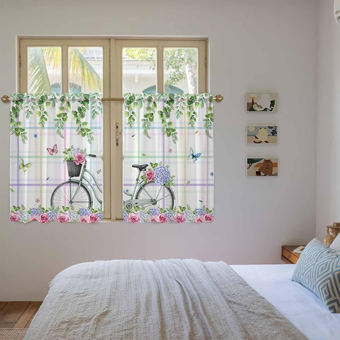 Spring Tier Curtains, Bicycles Botanical Leaves Rose Colorful Stripes Light - Image 4