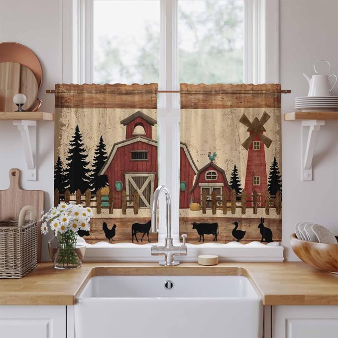 Brown Farmhouse Kitchen Curtains, Vintage Country Animals Wooden Grain Light by Unknown