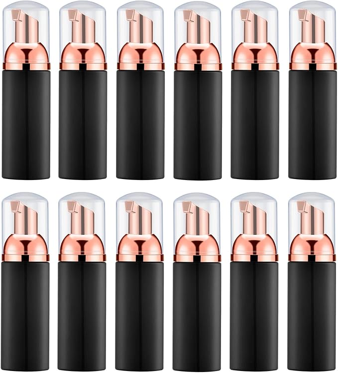 Lil Ray 2 Oz Empty Black Foam Pump Bottle, Foamer Soap Dispenser for Lash Shampoo, Hand Soap, Foaming Cleaner(Rose Gold Pump, 12 PCS)