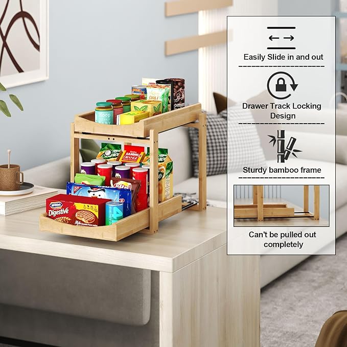 Bamboo Under Sink Organizer and Storage, 2 Pack Pull Out Cabinet Organization, 2 Tier Vertical Slide Out Undersink Storage Shelf, Multi-Purpose Organizer Shelves for Kitchen Bathroom Medicine