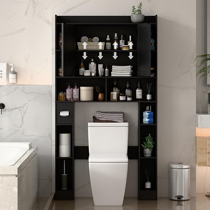 Farmhouse Storage Cabinet Over Toilet with Barn Doors，Over The Toilet Storage Cabinet, Home Space-Saving Toilet Rack, for Bathroom, Restroom, Laundry.Pure Black