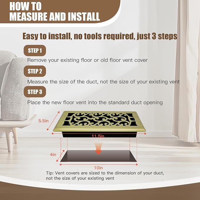 2 Packs Floor Vent Air Register 4X10 Inch Brushed Gold Color Floor Register - Image 6
