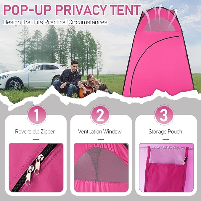 Pop Up Privacy Shower Tent,Portable Outdoor Bathroom Toilet Changing Dressing Room,Instant Rain Shelter for Camping & Beach,Lightweight & Sturdy, Easy Set Up, Foldable, with Carry Bag (Pink)