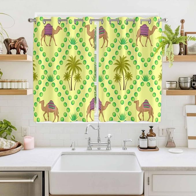 2 Panel Kitchen Cafe Curtains, Desert Sand Camels Sunlight Filtering Nature Air - Image 2