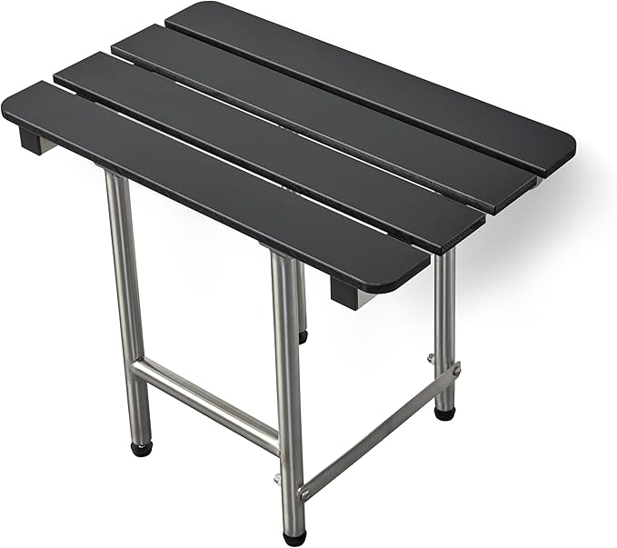 22-inch x 15-inch ADA Bariatric Folding Wall Mount Bench Shower Seat with Legs, Black Slatted Phenolic Seat