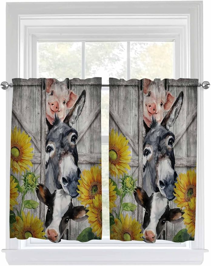 Farmhouse Kitchen Curtains 45 Inches length, Vintage Sunflowers Animals Printed by Unknown