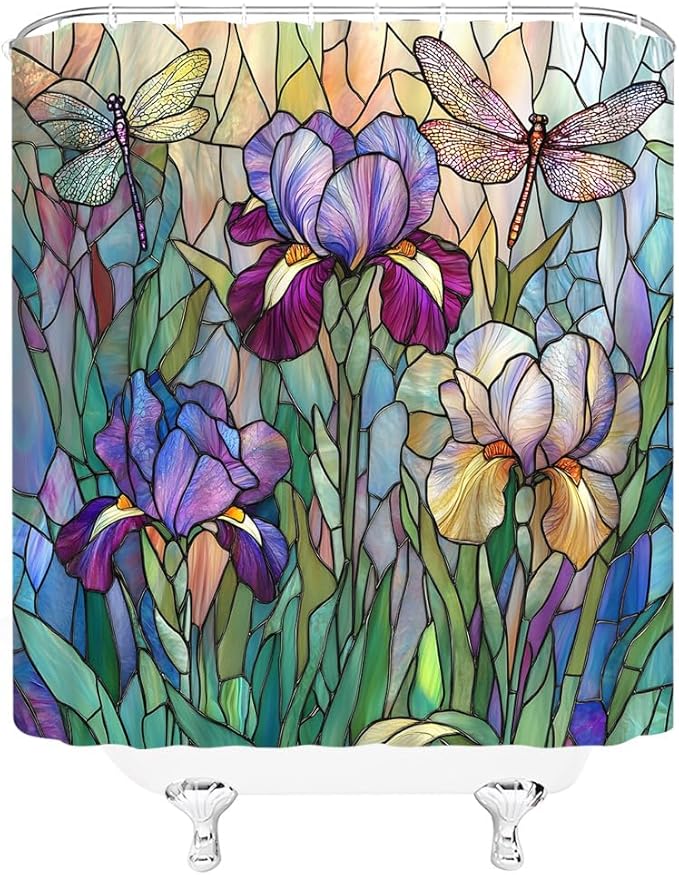 Stained Glass Shower Curtain Artistic Iris Dragonfly Purple Floral Green Leaves Abstract Nature Plant Spring Summer Modern Botanical Fabric Bathroom Decor Curtains with Hooks,70 x 70
