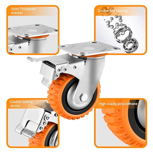 5 Inch Heavy-Duty Polyurethane Caster Wheels–360° Swivel & Dual-Lock Brake - Image 6