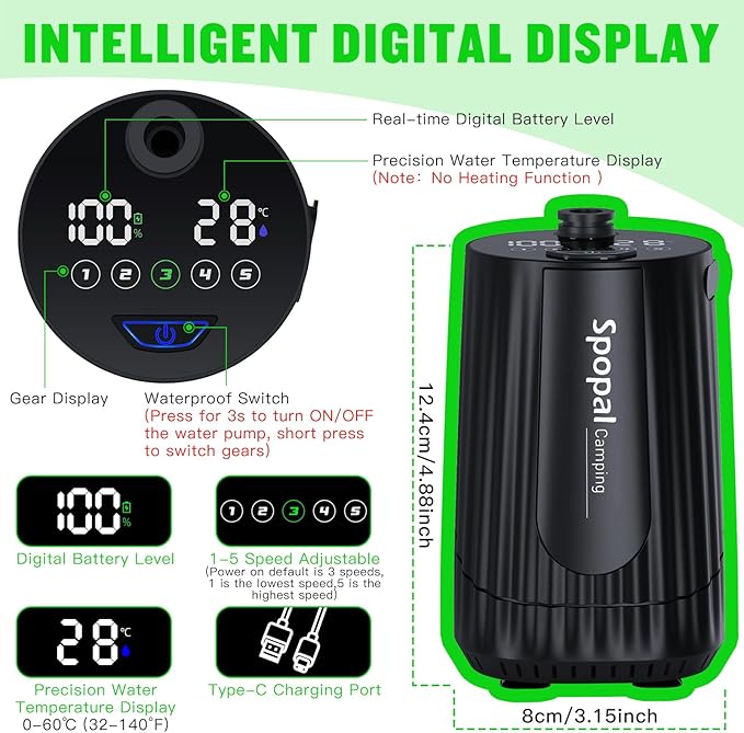 Portable Shower for Camping, [Upgraded] 10000mAh Rechargeable Camping Shower with 5 Adjustable Speeds,Premium LED Display, IPX8 Waterproof Outdoor Shower Kit for Hiking, Car, Pet, Travel
