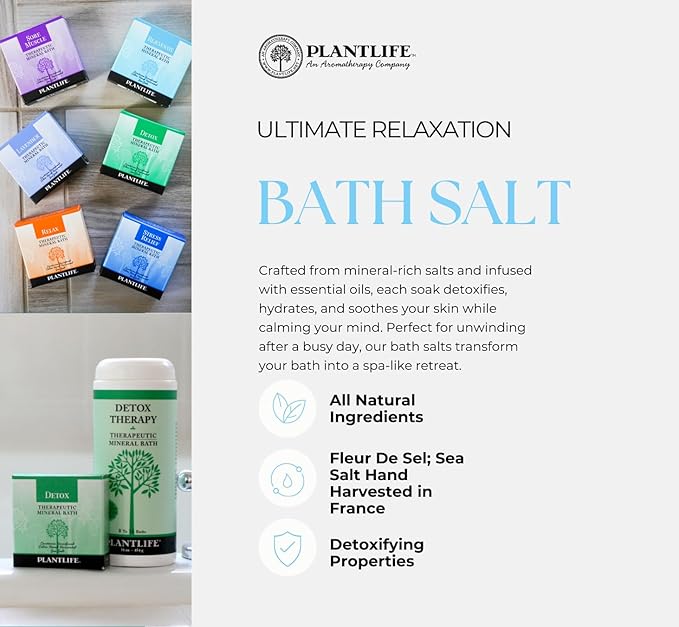 Plantlife Detox Therapy Bath Salts - Straight from The Plant Natural Aromatherapy Bath Salts - Balance, Calm, and Release Tension in The Body - Made in California 16 oz