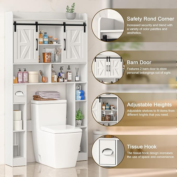 Farmhouse Storage Cabinet Over Toilet with Sliding Doors，Over The Toilet Storage Cabinet, Home Space-Saving Toilet Rack, for Bathroom, Restroom, Laundry.