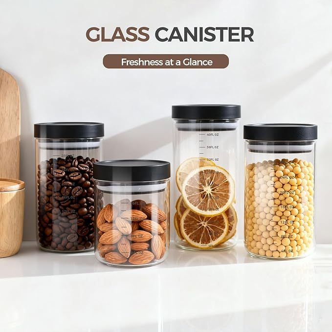 Danbark Set of 6 Mixed Sizes Airtight Glass Storage Canisters with Lids - Pantry Organizers and Storage Glass for Kitchen - for Pantry, Flour, Sugar, Coffee, Tea, Pasta, Rice, and Snacks - Black