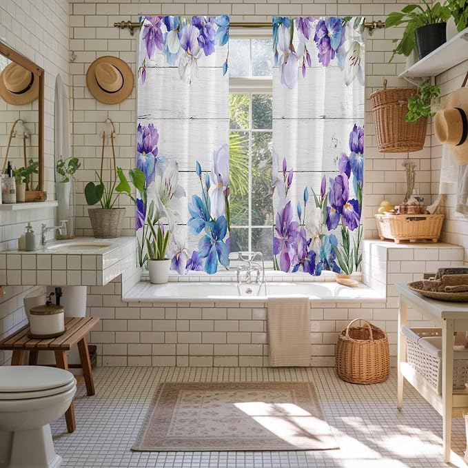 Spring Flowers Kitchen Curtains, Watercolor Garden Florals Wooden Grain Light - Image 5