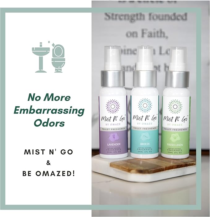 Mist N’ Go by Omaze Travel Bathroom Spray for Toilet Spray Odor Eliminator - Travel Toilet Spray for Bathroom Air Freshener Spray for Bathroom Deodorizer - Fresh Linen Regular Size (2oz x1)
