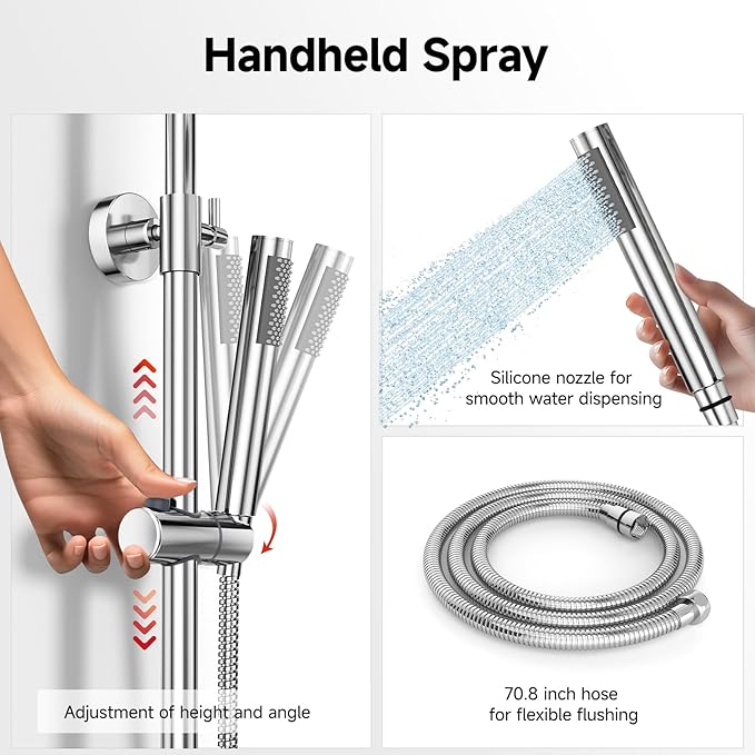 Rainsworth Outdoor Shower Kit Chrom - Single Handle Brass Valve, 8 Inch Rain Shower Head and Handheld Spray Shower Fixture Combo, 304 Stainless Steel Wall Mount