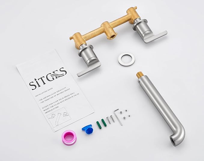 SITGES Solid Brass Wall Mount Tub Filler, 10" Long Spout Reach Wall Mount Bathtub Faucet with Two Lever Handles, High-End Design, High Flow Bathtub Faucet with Rough-in Valve Included,Brushed Nickel