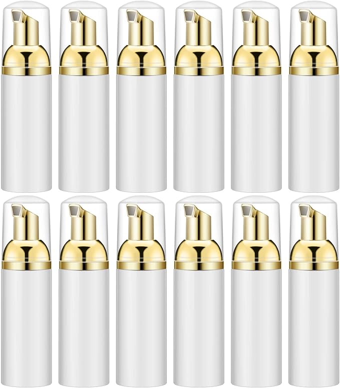 2 Oz Empty Foam Pump Bottle (12PCS) Travel Foaming Soap Dispenser for Hand Soap, Lash Shampoo Cleanser (White&Gold)
