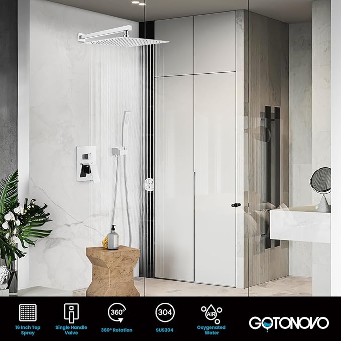 gotonovo Rainfall Bathroom Shower System Rain Shower Head and Handle Set Wall Mounted Shower Complete Combo Solid Brass Pressure Balancing Shower Mixer Valve 16 Inch Polished Chrome