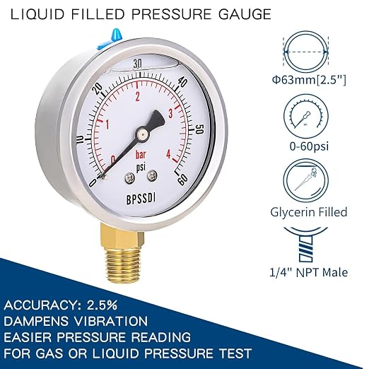 0-60 Psi Glycerin Liquid Filled Low Pressure Gauge, 2.5" Dial Size, 1/4" NPT - Image 2