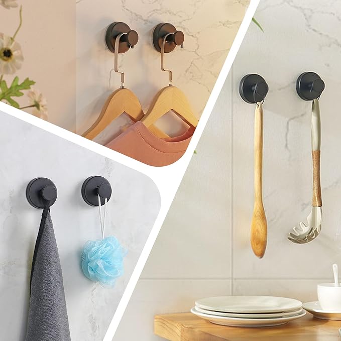 Suction Cup Hooks for Shower, 4 Pcs Shower Hook for Bathroom Stainless Steel Wall Hook for Hanging up to 6.5 lbs for Kitchen, Glass, Mirror,Black