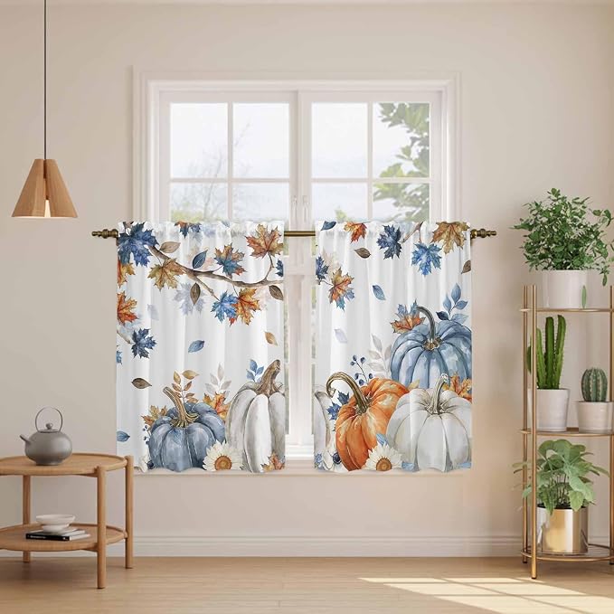 Navy Blue Pumpkin Fall Kitchen Curtains 54 Inch Long 2 Panel Set, Rod Pocket - Image 3