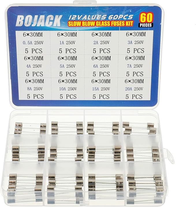 BOJACK 12 Values 60 Pcs Slow Blow Glass Fuses Assortment Kit 6x30 mm 250V T by BOJACK