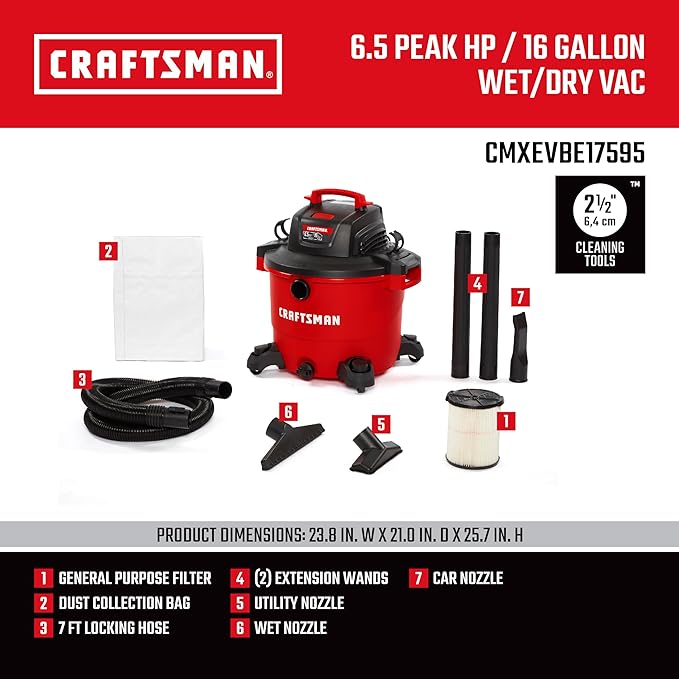 CRAFTSMAN CMXEVBE17595 16 Gallon 6.5 Peak HP Wet Dry Vac, Heavy-Duty Shop - Image 3