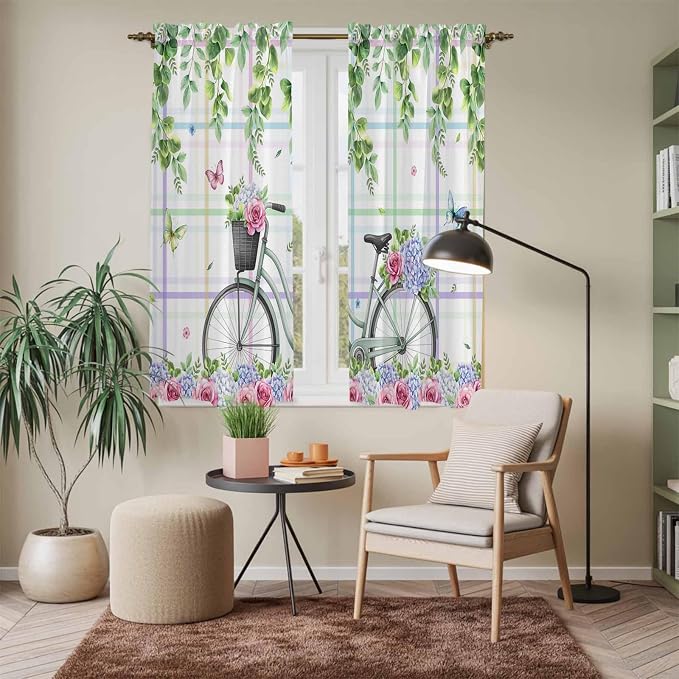 Spring Kitchen Curtains, Bicycles Botanical Leaves Rose Colorful Stripes Light - Image 7