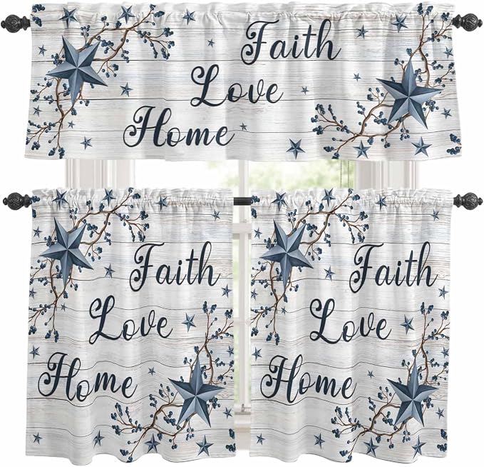 Kitchen Curtains Tiers and Valance Set of 3, Farmhouse Light Filtering Window by Anzona