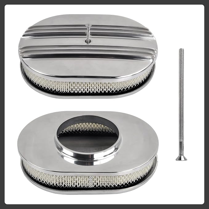 12" Air Cleaner Kit Polished Aluminum Oval Half Finned Compatible - Image 2