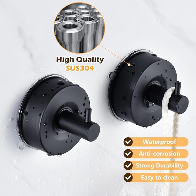 YOHOM Suction Cup Hooks for Shower Wall Bathrooms Towels Hook for Glass Door Heavy Duty (Black, 4 PCS)