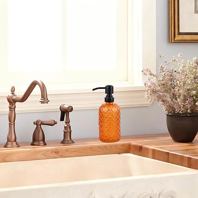 16 oz Glass Soap Dispenser with Stainless Steel Vintage Brushed Bronze Pump Head, Refillable Gemstone Pattern Soap Dispenser for Hand Soap, Dish Soap, and Lotion (Orange)
