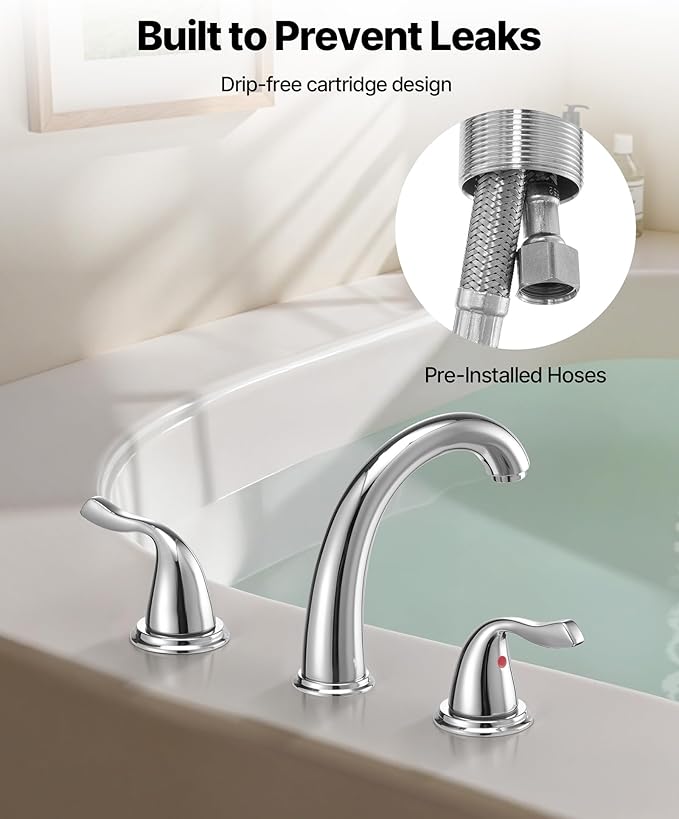 VEVOR Roman Tub Faucet, 3 Hole Waterfall Bathtub Faucet, Bath Tubs Faucets Set with 2 Handles, Deck Mount Bath Tub Faucets Set for Pet Washing, Adult Bathing, Chrome, High Arc Spout