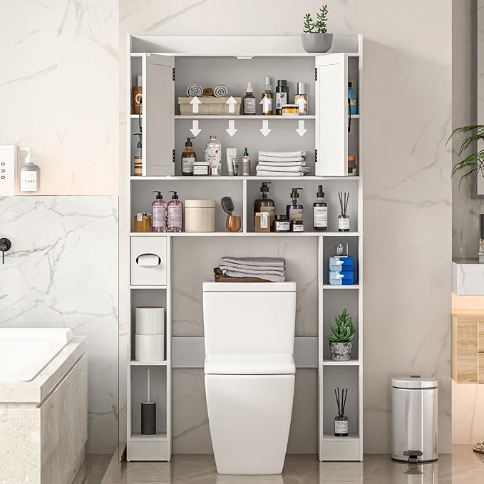 Farmhouse Storage Cabinet Over Toilet with Barn Doors，Over The Toilet Storage Cabinet, Home Space-Saving Toilet Rack, for Bathroom, Restroom, Laundry.