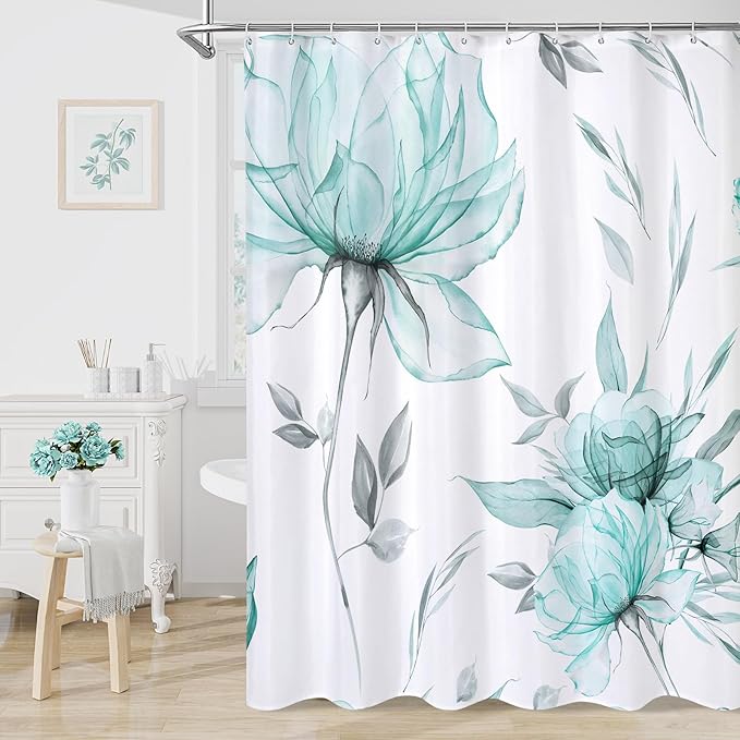 Teal Blue and Grey Boho Watercolor Floral Shower Curtain, Ink Painting Style Blossom & Leaf Shower Curtains for Chic Elegant Bathroom, Artistic Fabric Cloth Flower Shower Curtain, 72x72