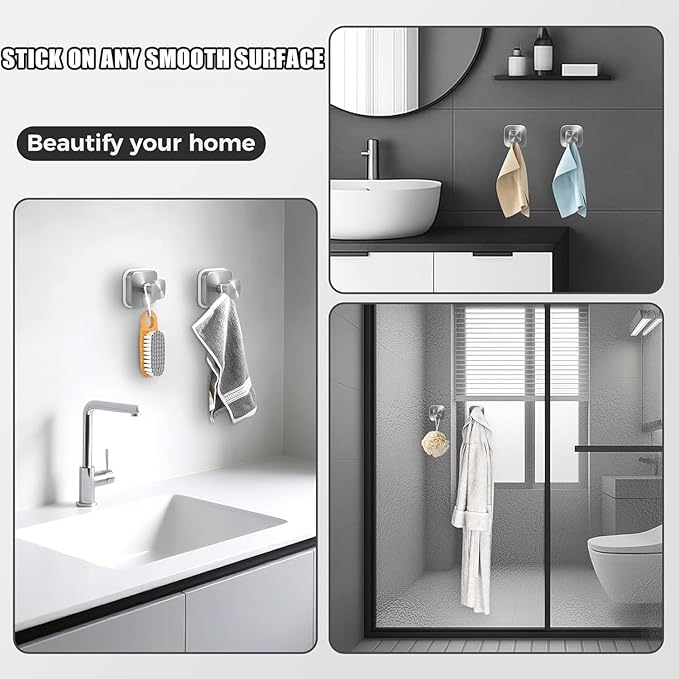 4Pcs Square Suction Cup Hook, 304 Stainless Steel Shower Hook, Removable Suction Cup Knob for Shower, Bathroom, Kitchen, Glass Door, Mirror (Silver)