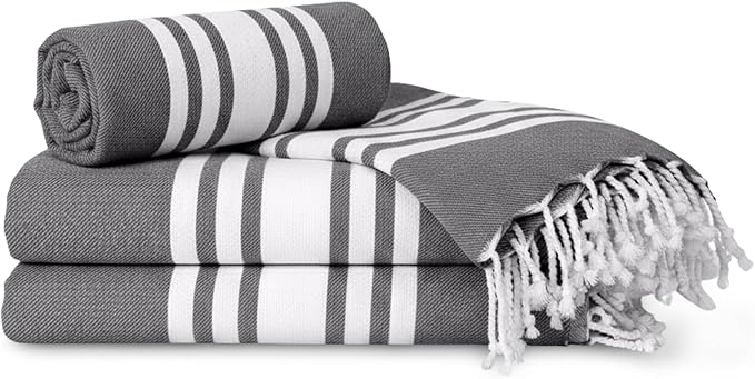 Turkish Cotton Beach Towel Pack of 4 & 1 Boho Tote Bag - Hammam Towels - No Shrink - Quick Dry - Lightweight - Sand Free - Camping - Pool - Tanning - Beach Essentials - Gray (40"x70")