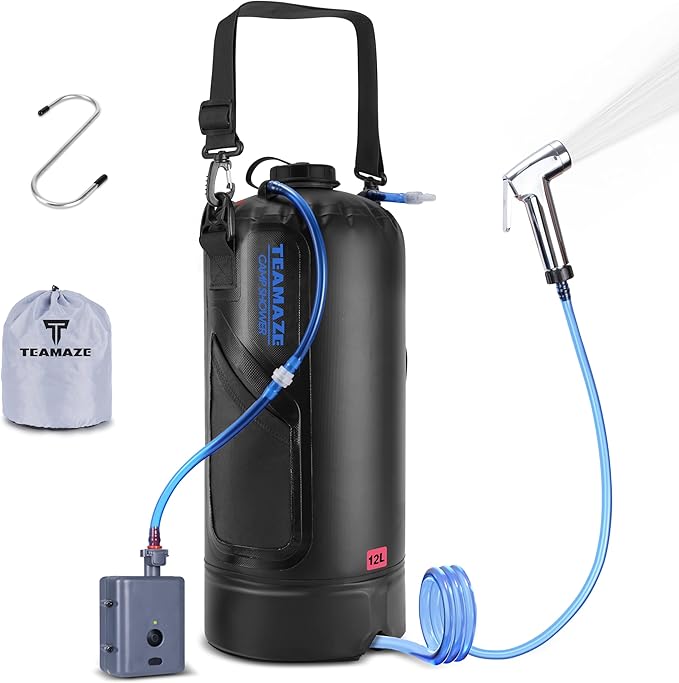 Teamaze Camping Shower,12L Portable Camp Shower Bag with Upgraded Screw Lid, Auto Pressure Pump, Solar Shower, Camping Shower Head for Beach Camping, Hiking, Traveling, Washing