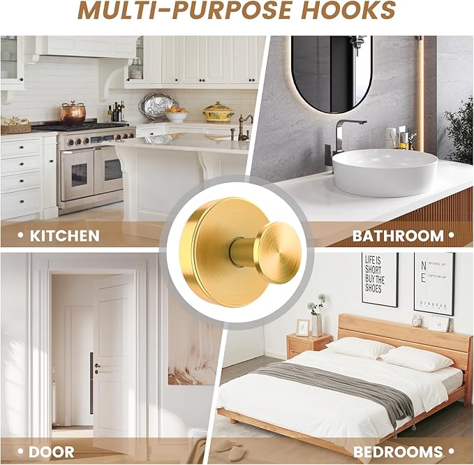 BKV Suction Cup Hooks for Glass Window,Removable Shower Hooks for Inside Shower,Metal Towel Hooks for Bathrooms,2 Pack(Gold)